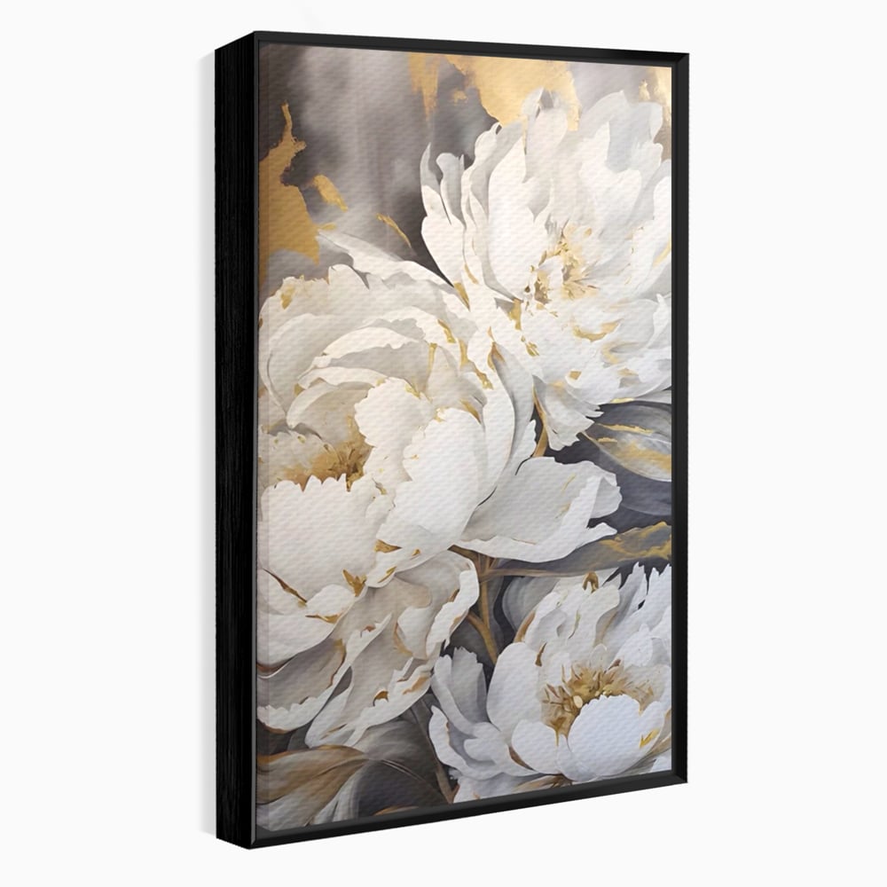 Tablou canvas cu pictura cu bujori albi si accente aurii, in rama de aluminiu negru